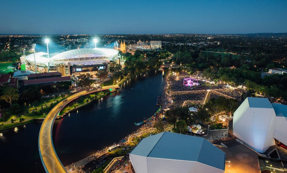Aerial view of Adelaide on New Year's Eve. Overlooking the riverbank towards Adelaide Oval.
